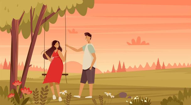 A couple in love is riding a swing. Valentines day banner. Romantic landscape background. - Διάνυσμα, εικόνα