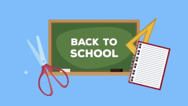 back to school lettering in chalkboard with supplies - Footage, Video