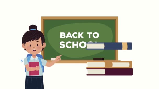 terug naar school belettering in schoolbord met schoolmeisje - Video