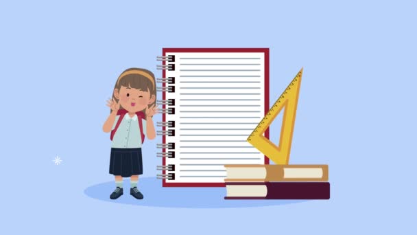 back to school animation with schoolgirl and supplies - Filmagem, Vídeo