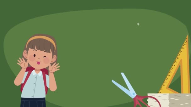 terug naar school animatie met schoolmeisje en benodigdheden - Video