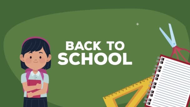 terug naar school belettering met schoolmeisje en benodigdheden - Video
