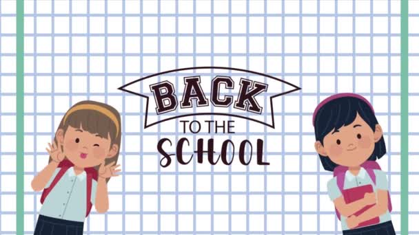 back to school lettering in notebook sheet and schoolgirls - Footage, Video