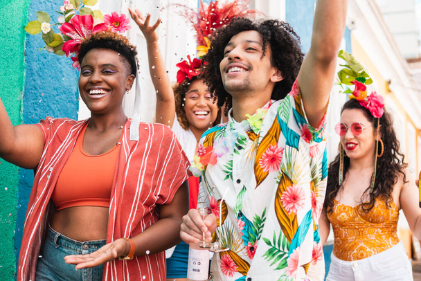 衣装を着た人々はブラジルでカーニバルを祝う。ブラジルの休日のパーティーで友人のグループが楽しんでいます. - 写真・画像