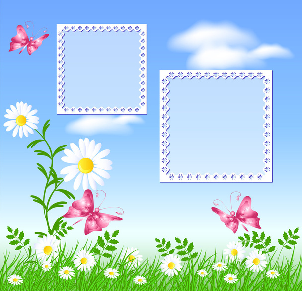 Daisies on the green grass and butterflies - Vector, Image