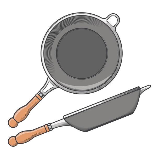 Frying pans (side and top view) isolated on a white background. Color line art. Cookware retro design. Vector illustration. - Vector, Image