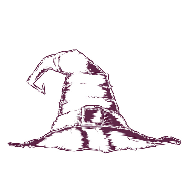 Sombrero de bruja espeluznante aislado sobre un fondo blanco. Arte de línea. Diseño retro de Halloween. Ilustración vectorial
. - Vector, imagen