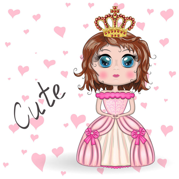 Beautiful princess standing in beautiful long pink dress - Vector, imagen
