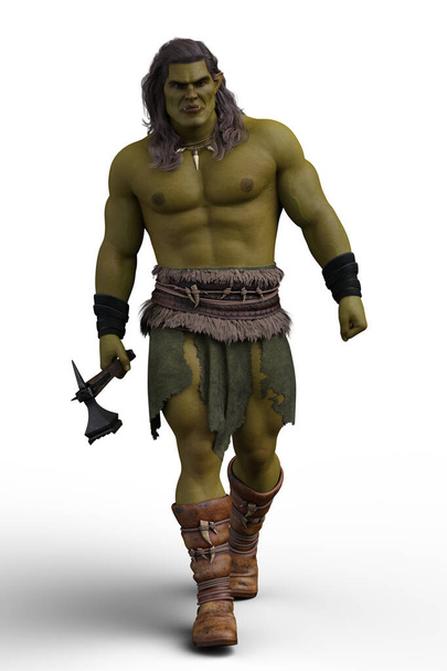 A handsome shirtless orc monster man with an ax.  - Photo, Image