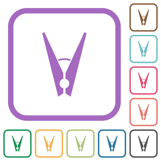 Pinces à linge icônes simples dans des cadres carrés arrondis de couleur sur fond blanc - Vecteur, image