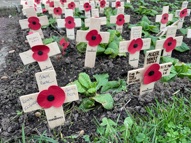 Des rangées de croix en bois avec des coquelicots à la mémoire des morts sont placées dans un lit de fleurs avec des noms de la Première Guerre mondiale - Photo, image
