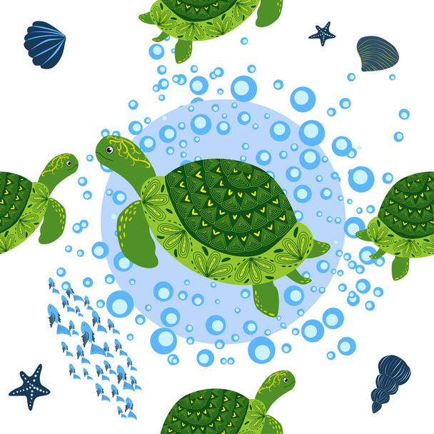 Turtle green seamless pattern, beautiful character among seashells, seaweed, starfish, sea animals wildlife nature. Nature underwater, marine wild fish in the ocean zoo - Vector, Image