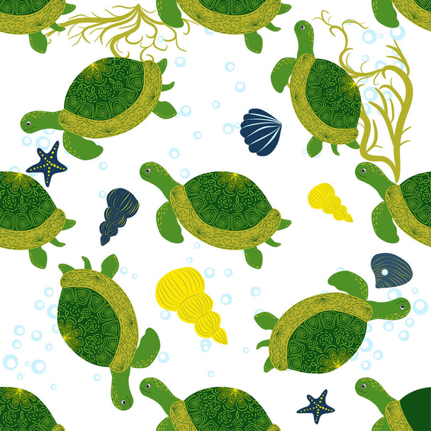 Turtle green seamless pattern, beautiful character among seashells, seaweed, starfish, sea animals wildlife nature. Nature underwater, marine wild fish in the ocean zoo - Wektor, obraz