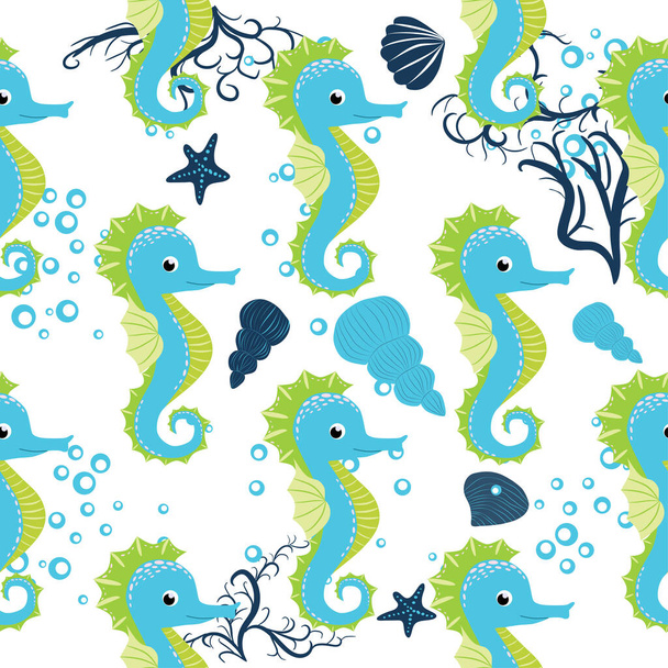 Seahorse, sea inhabitants seamless pattern, beautiful character among seashells, seaweed, starfish, marine wildlife. - Wektor, obraz