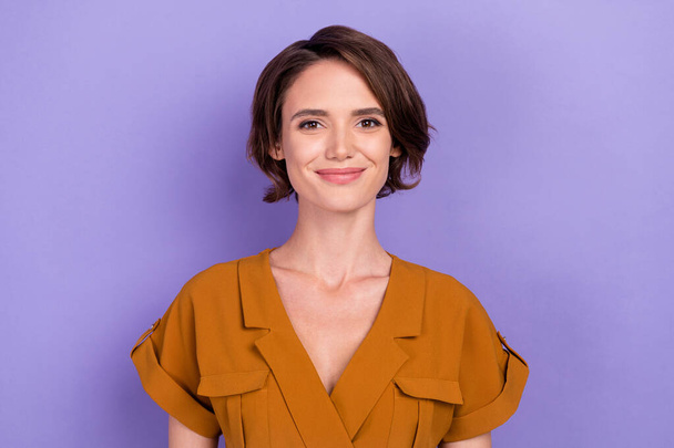 Photo of young attractive woman happy positive smile confident isolated over violet color background - Фото, зображення