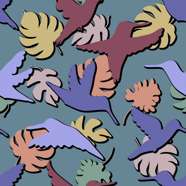 Summer hummingbirds and leaves hand drawn seamless pattern. Perfect for T-shirt, textile and print. Doodle vector illustration for decor and design. - Vektör, Görsel