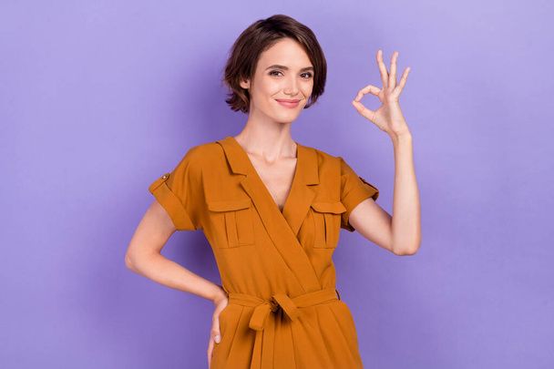 Photo of young attractive woman happy positive smile point fingers okay deal cool sign choose isolated over purple color background - Φωτογραφία, εικόνα