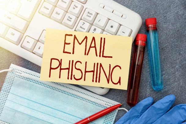 Text showing inspiration Email Phishing. Business overview Emails that may link to websites that distribute malware Typing Medical Notes Scientific Studies And Treatment Plans - Foto, Bild