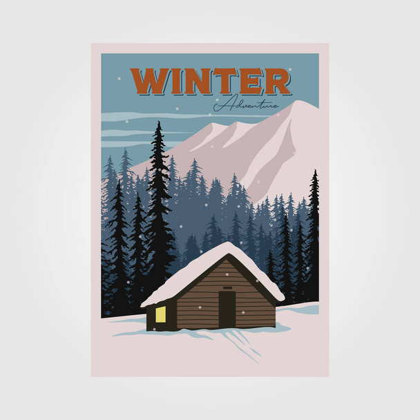 kabina zima krajobraz wektor plakat ilustracja projekt, śnieg tło płaskie ilustracja projekt - Wektor, obraz