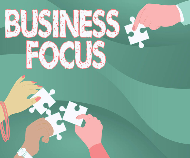Znak firmowy Business Focus. Pomysł na biznes Serving the needs of the client Pełna uwaga na szczegóły Ilustracja rąk gospodarstwa Puzzle Piece pomagające sobie nawzajem. - Zdjęcie, obraz