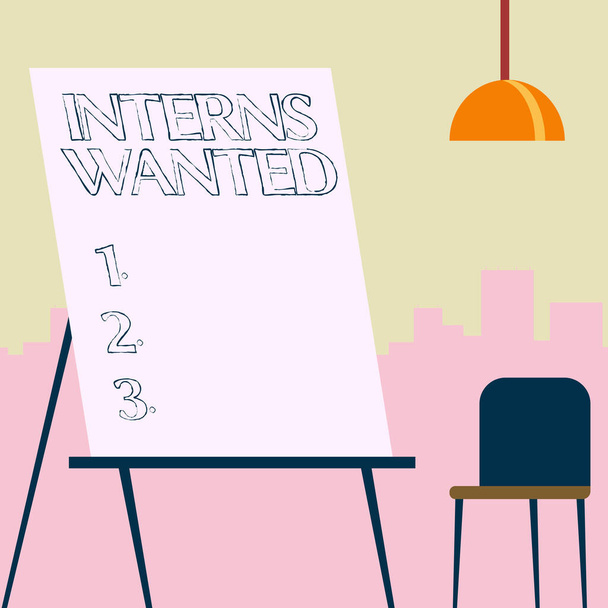 Text showing inspiration Interns Wanted. Business concept Looking for on the job trainee Part time Working student Empty Portrait Artwork Design With Skyscrapers Behind Showing Art Subject. - Photo, Image