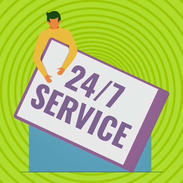 Conceptual display 24 Or 7 Service. Business overview Always available to serve Runs constantly without disruption Gentleman Drawing Holding A Huge Blank Clipboard. - Foto, Imagem
