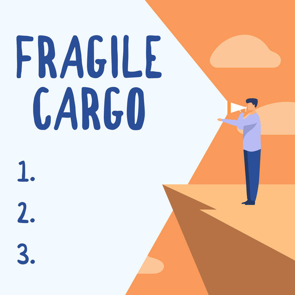 Conceptual caption Fragile Cargo. Concept meaning Breakable Handle with Care Bubble Wrap Glass Hazardous Goods Businessman Drawing Standing In Cliff Using Megaphone Making Announcement. - Foto, Bild