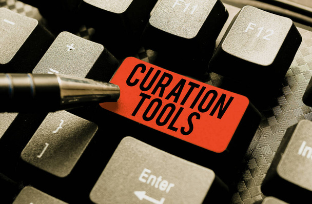 Conceptual display Curation Tools. Business approach Software used in gathering information relevant to a topic Abstract Typing New Antivirus Program, Typing Internet Virus Lists - Foto, immagini