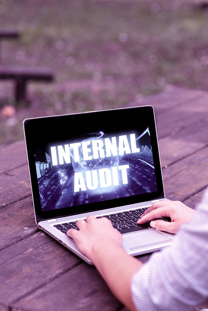 Handwriting text Internal Audit. Word Written on Evaluates the effectiveness of the controls and processes Laptop Placed Resting On Table Working In The Park Doing Remote Jobs. - Foto, Bild