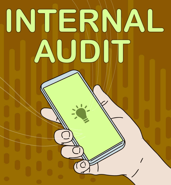 Inspiration showing sign Internal Audit. Business concept Evaluates the effectiveness of the controls and processes Hand Holding Mobile Device With Blank Screen Showing New Technology. - Foto, Imagem