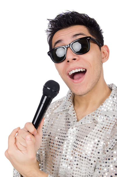 Hombre con micrófono aislado en blanco - Foto, imagen