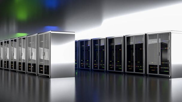 Server. Data center della sala server. Backup, estrazione mineraria, hosting, mainframe, fattoria e computer rack con informazioni di archiviazione. rendering 3d - Foto, immagini