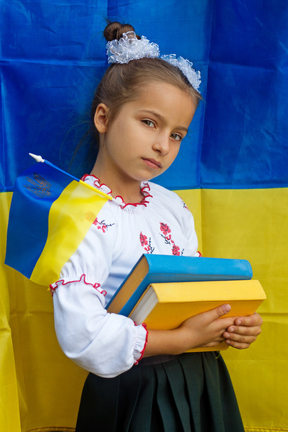 in nationale kostuum tegen van Oekraïense vlag - Foto, afbeelding