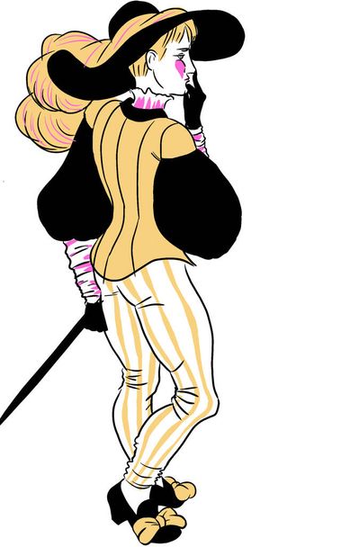 GI Ritratto di un giovane snello elegante giovane vestito con un abito con una spada e un cappello con grandi tesa e piume di struzzo, leggings a righe, dipinti nei colori giallo, rosa, bianco e nero - Foto, immagini