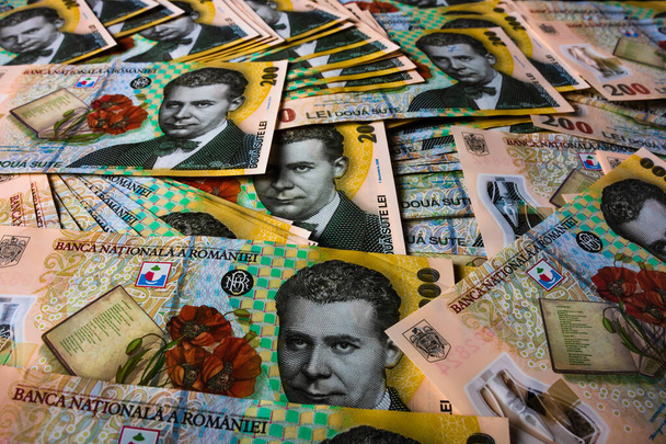 Stos rumuńskich pieniędzy LEI. RON Leu Pieniądze Waluta europejska - Zdjęcie, obraz