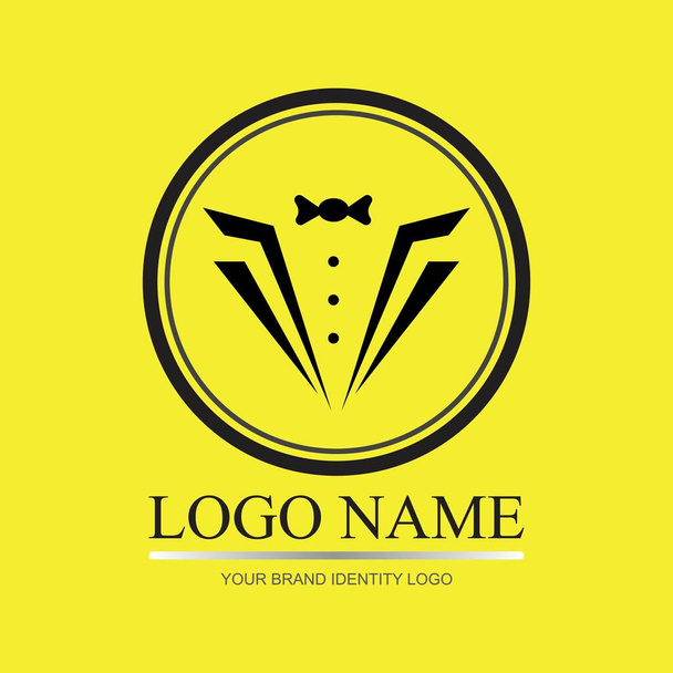 moderno logotipo de la ilustración del esmoquin sobre fondo amarillo - Vector, Imagen