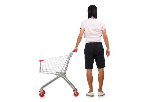Man shopping with supermarket basket cart isolated on white - Фото, зображення