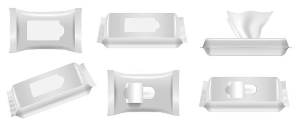 set of realistic white wet wipe napkins or white packaging wet wipe isolated or blank template wet wipe. eps vector - Vetor, Imagem
