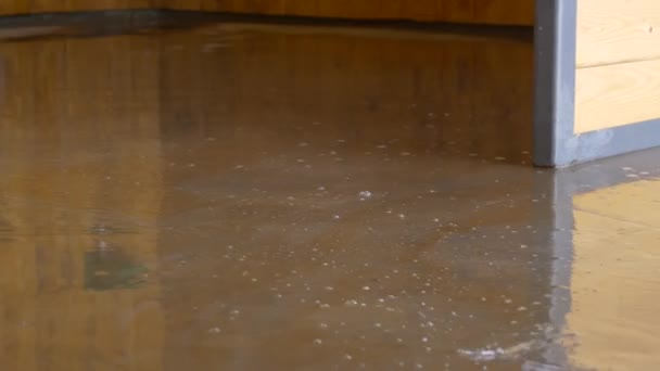 CLOSE UP: Unrecognizable person uses a straw broom to sweep the flooded floor. - Materiał filmowy, wideo