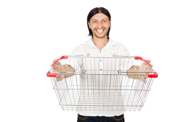 Man shopping with supermarket basket cart isolated on white - Foto, immagini