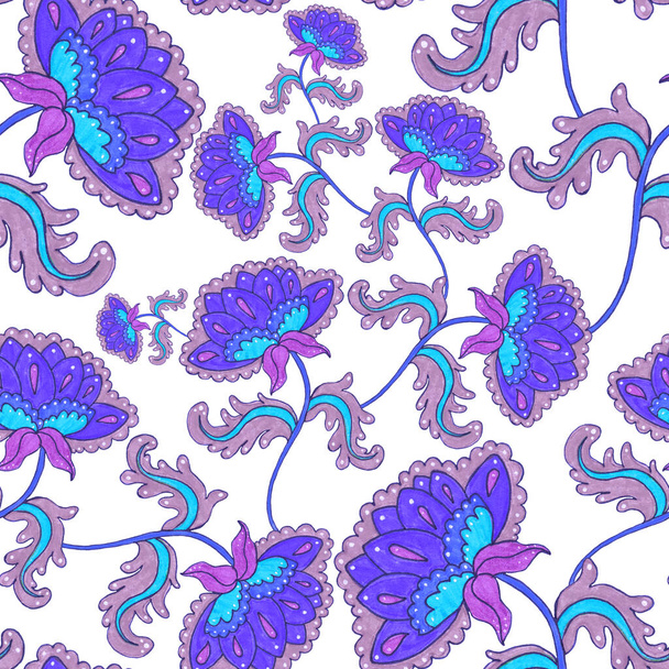 Watercolor seamless pattern with folky flowers and leaves in ethnic style. Floral decoration. Traditional paisley pattern. Textile design texture.Tribal ethnic vintage seamless pattern. - Photo, Image