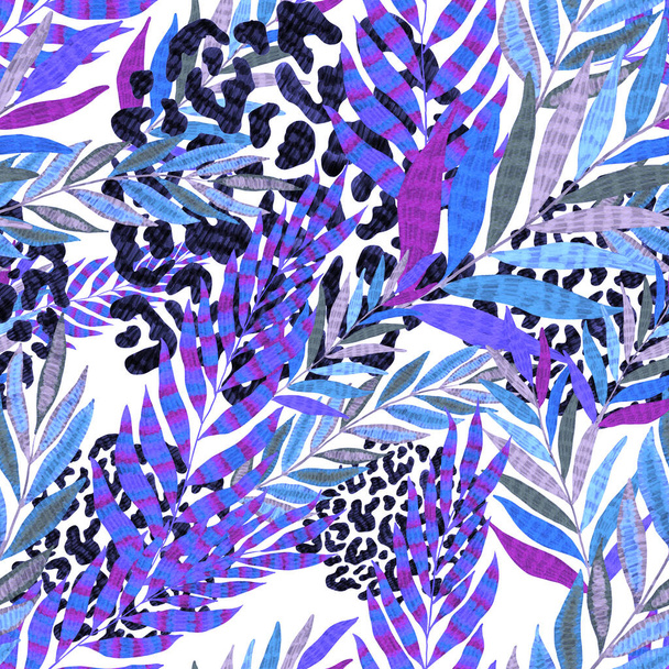 Σύγχρονη αφηρημένη αδιάλειπτη μοτίβο με δημιουργική πολύχρωμα τροπικά φύλλα και κηλίδες λεοπάρδαλη. Ρετρό φωτεινό καλοκαιρινό φόντο. Εικόνα φυλλώματος ζούγκλας. Βοτανικός σχεδιασμός μαγιό. Vintage εξωτικό αποτύπωμα. - Φωτογραφία, εικόνα