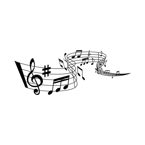 Onde musicale avec notes vectorielles sur le bâton de la feuille de musique avec clef aigu, lignes de mesure de notation musicale et clé nette. Tourbillon noir isolé de mélodie musicale, de chansons ou de notes de musique, de musique classique pour piano - Vecteur, image
