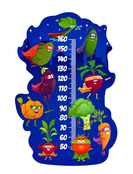 Onnellisia vihanneksia supersankari, lasten korkeus kaavio tai kasvumittari hallitsija sarjakuva supersankari tai puolustaja vihanneksia, pinaatti ja porkkana, parsakaali, kurkku ja avokado, kurpitsa ja juurikas Cape - Vektori, kuva