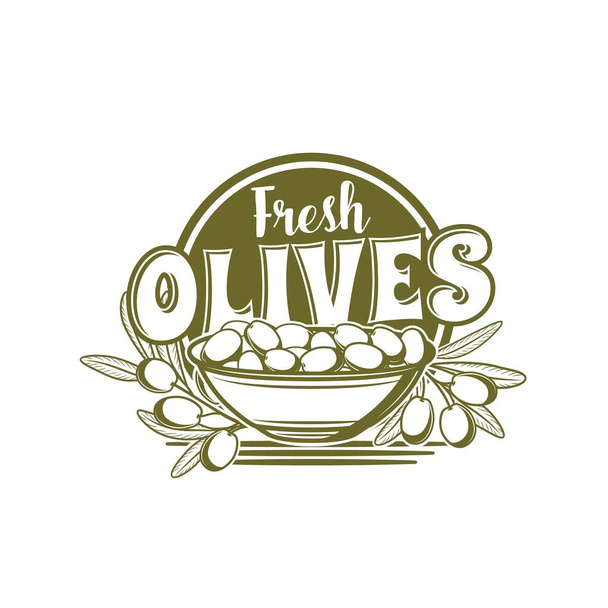 Olives icône vectorielle de bol d'olives vertes nourriture, branches et feuilles d'arbres. Assiette isolée de fruits frais ou marinés, apéritif grec ou espagnol, assaisonnement ou vinaigrette - Vecteur, image