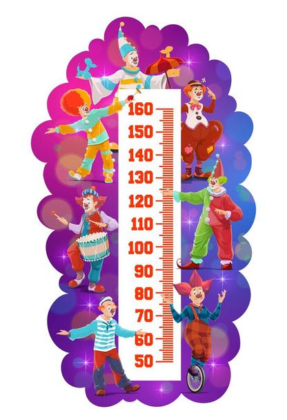 Diagramme de taille pour enfants avec clowns de dessin animé de cirque shapito, compteur de croissance vectorielle. Balance de mesure de bébé ou règle de taille avec des clowns de carnaval funfair, des bouffons et des jokers de cirque avec ballon, parapluie et tambour - Vecteur, image