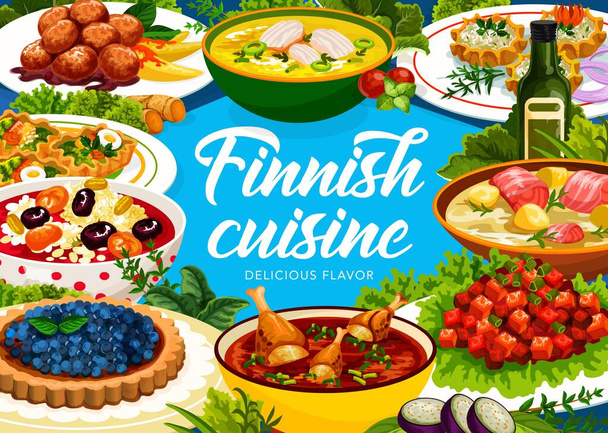 Φινλανδική κουζίνα γεύματα αφίσα, πιάτα τροφίμων της Φινλανδίας, διανυσματικό εστιατόριο δείπνο και το μεσημεριανό γεύμα. Φινλανδική κουζίνα παραδοσιακά κεφτεδάκια με σολομό ψαρόσουπα, ελάφι μαρινάτα και wickets με πατάτα - Διάνυσμα, εικόνα