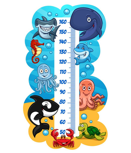 Dzieci wykres wysokości z zabawnymi cute zwierząt morskich. Linijka miernika wzrostu wektora ze skalą pomiarową i wielorybem kreskówkowym, ośmiornicą, żółwiem krabowym i morskim, delfinem, wielorybem, konikiem morskim i meduzą - Wektor, obraz