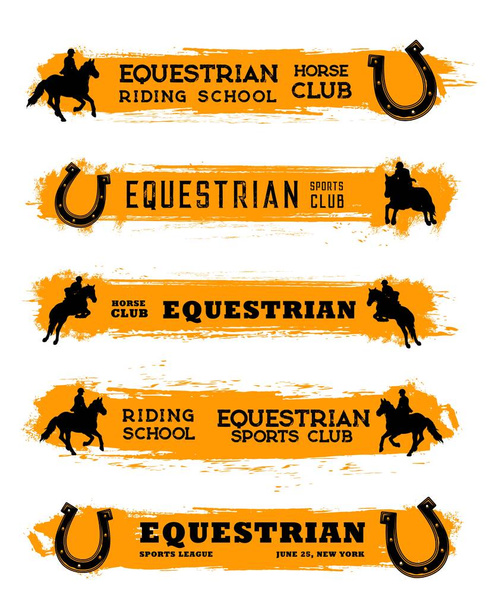 Jeździecki klub sportowy wektorowe banery jazdy konnej i wyścigów. Podkowy, konie wyścigowe i dżokeje, uprząż koni i hełmy jeźdźców konnych, sylwetki skaczących koni i plamy pomarańczowej farby - Wektor, obraz