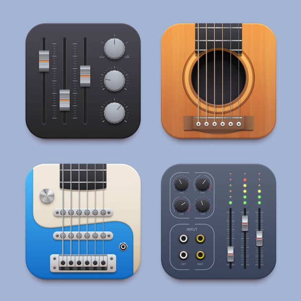 Sound record, music sound mixer, guitar app icon. Vector electric and acoustic string instruments, equalizers and tuners 3d elements. Buttons for player, ui graphic of mobile application or website - Vektor, Bild